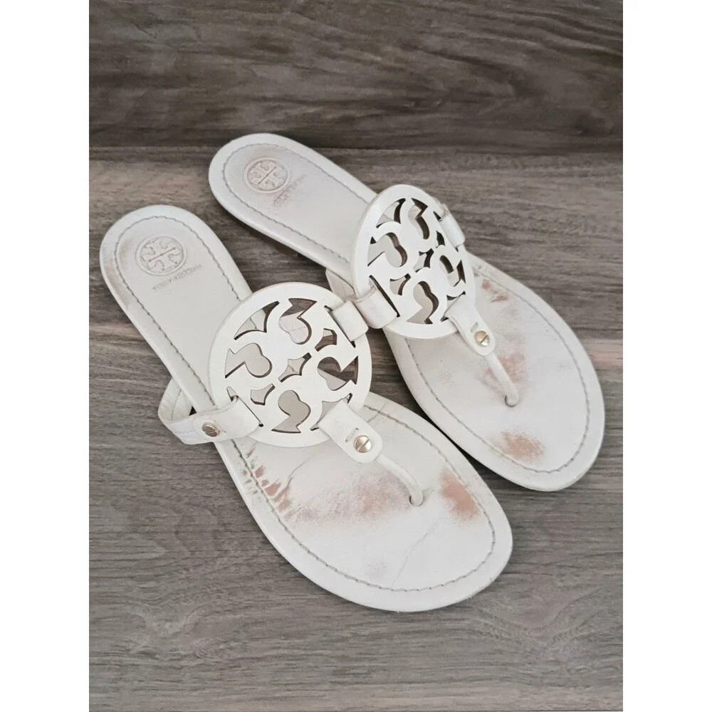 Tory Burch Miller Thong Sandal Ivory Smooth Leather w Dustbag Sz 9M